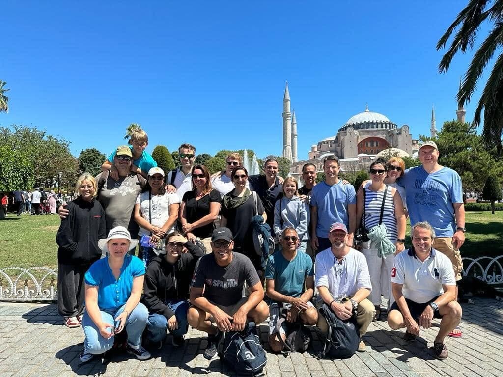 A big group of us in a park in front of Hagia Sophia